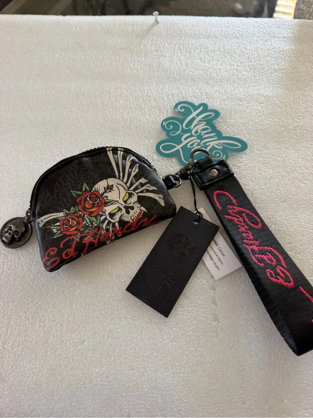 Ed Hardy Black Coin Pouch with Skull, Red Roses & Pink Logo Wristlet